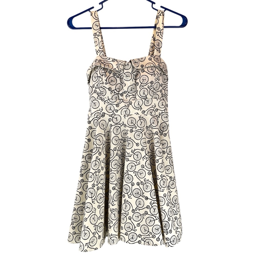 Ixia Bicycle Print Pinup Style Fit and Flare Mini Dress Cream Black Sz XS